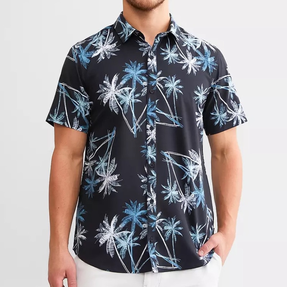 Depart West Performance Stretch Black Palm Tropical Short Sleeve Button Up Shirt